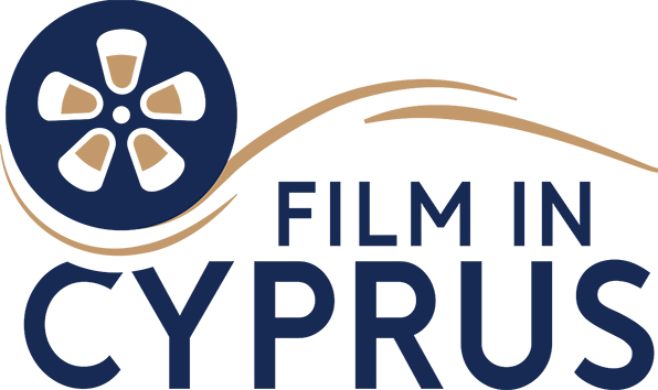 Film in Cyprus logo in blue on a white background with a blue and gold film reel.